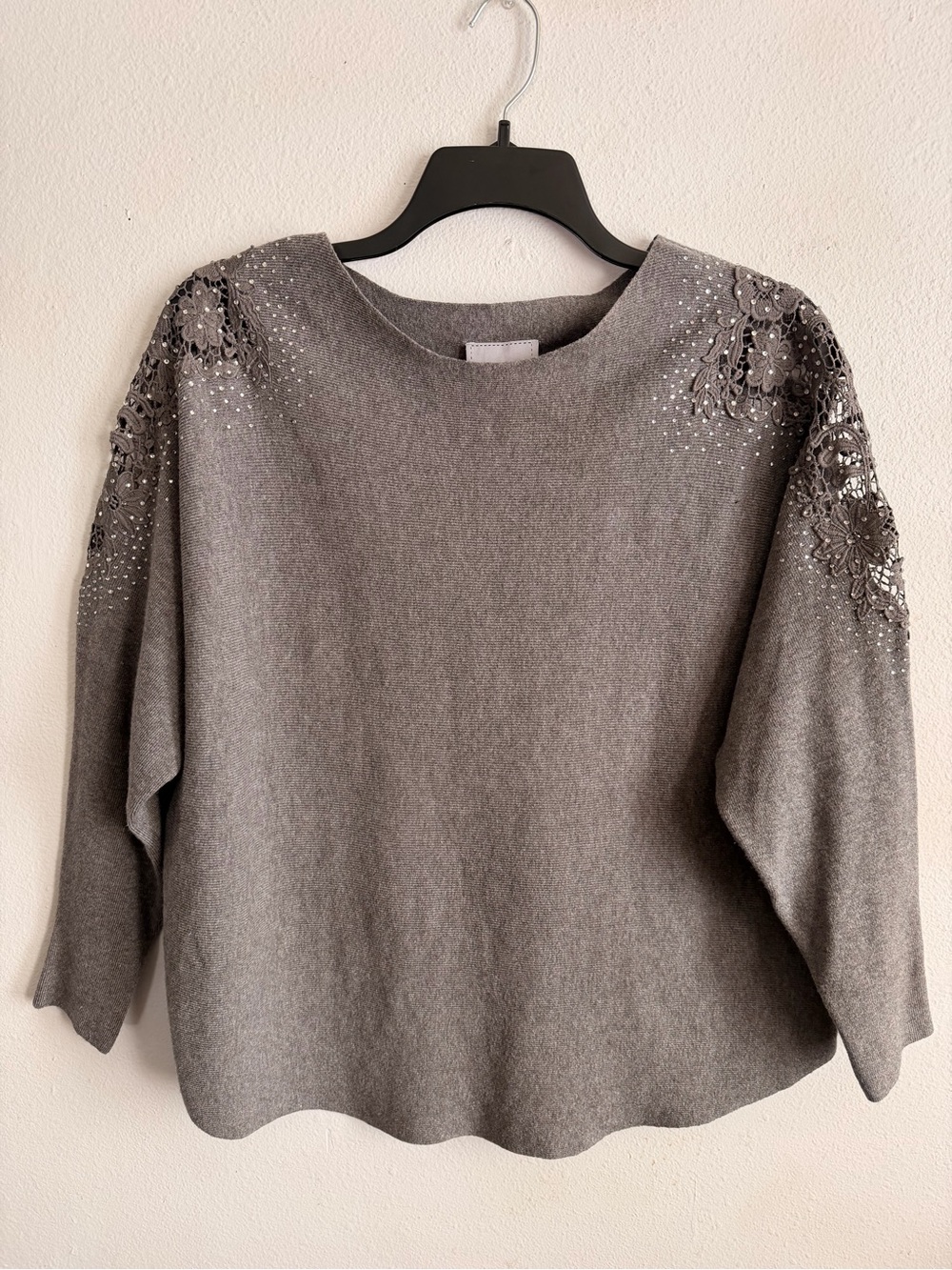 Embellished Gray Knit Top with Lace Shoulder Detail